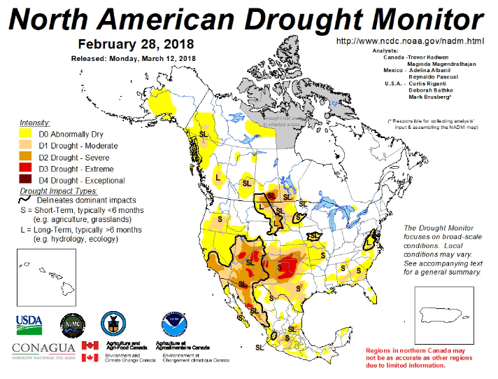 Figure 2. The North American Drought monitor for February 28, 2018. Source.