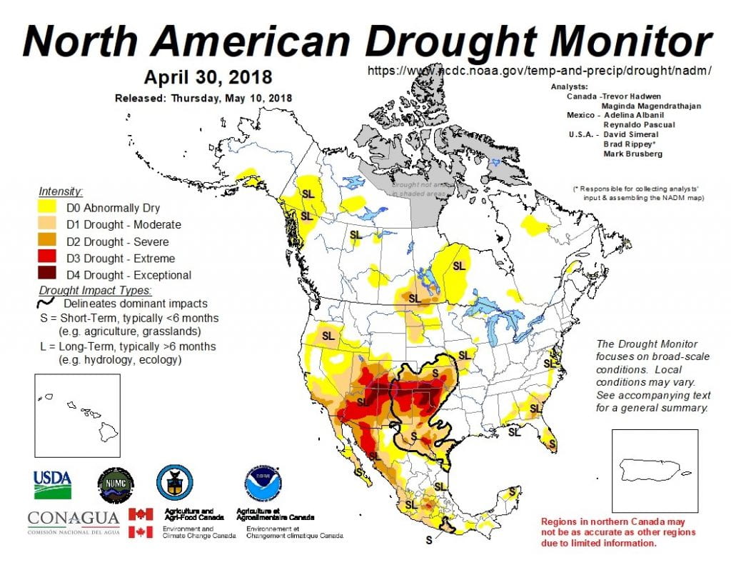 Figure 2. The North American Drought monitor for April 20, 2018. Source.