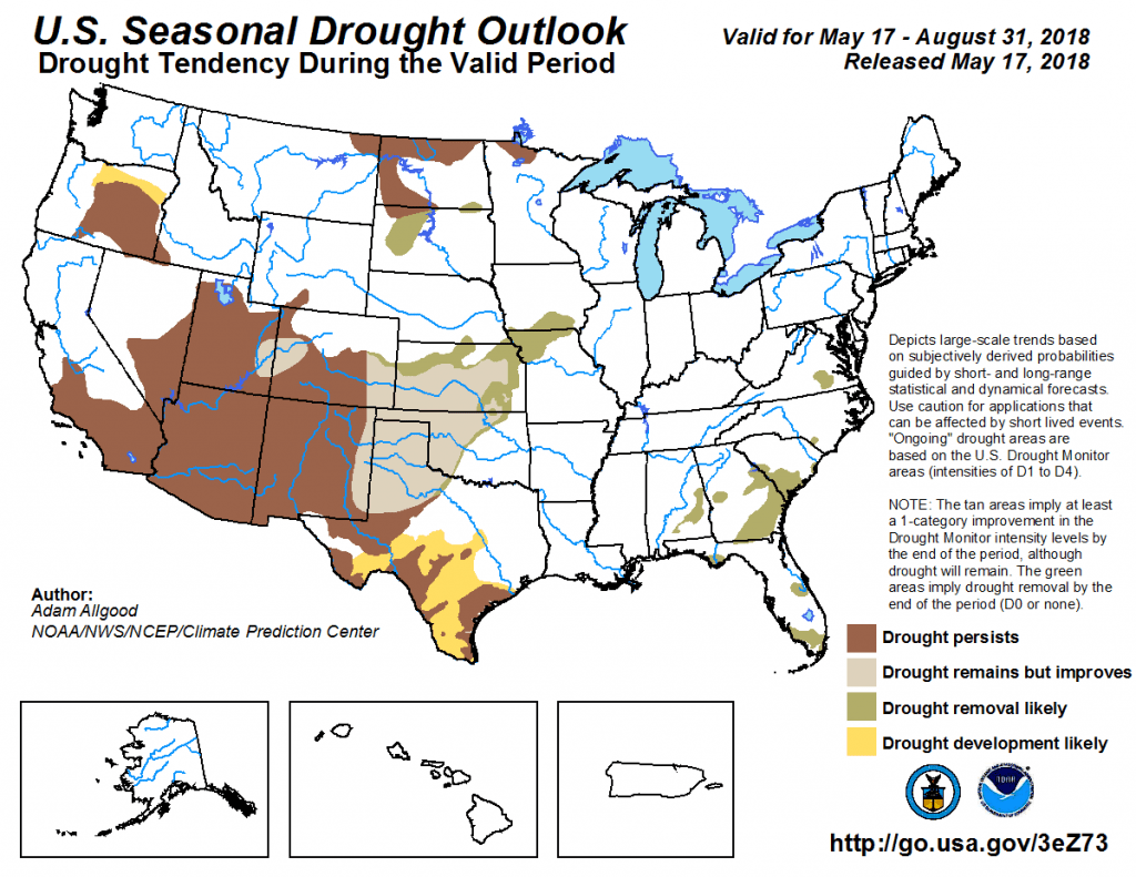Figure 5. The U.S. Seasonal Drought Outlook for May 17 through August 31, 2018. Source.