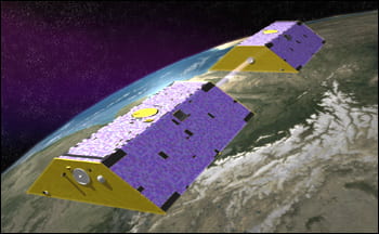 The GRACE mission detects changes in Earth's gravity field by monitoring the changes in distance between the two satellites as they orbit Earth. Source.
