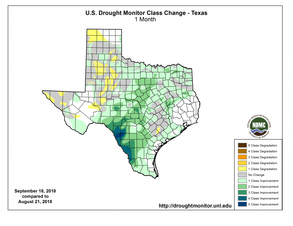 Figure 2b: Changes in the U.S. Drought Monitor for Texas between August 14, 2018, and September 18, 2018 [source].