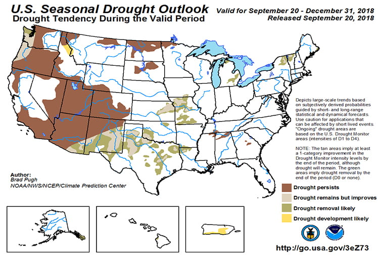 Figure 7: The U.S. Seasonal Drought Outlook for August 16 through December 31, 2018 (source).