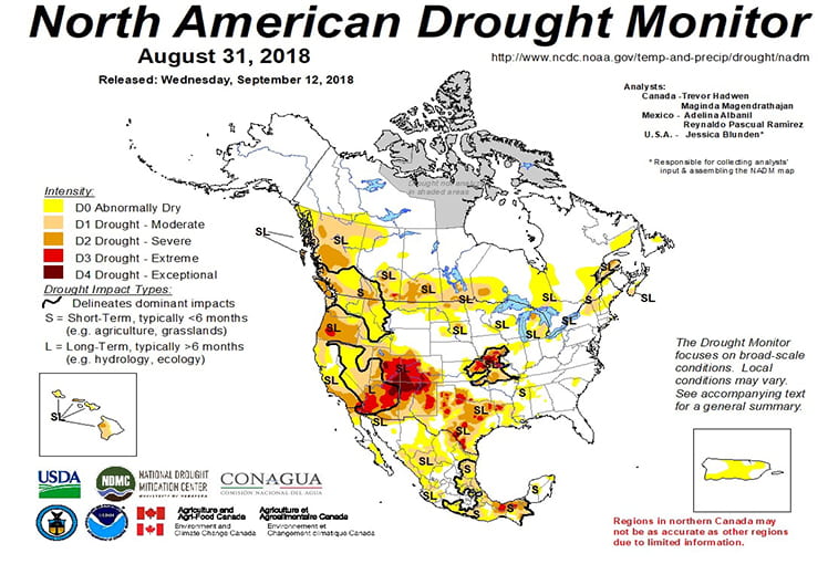 Figure 4a: The North American Drought Monitor for August 31, 2018 (source).