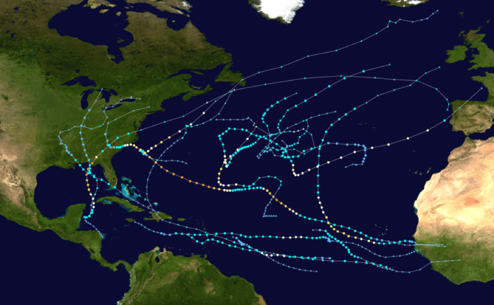 Figure 1a: Tracks of tropical cyclones in the Atlantic in 2018 (source).