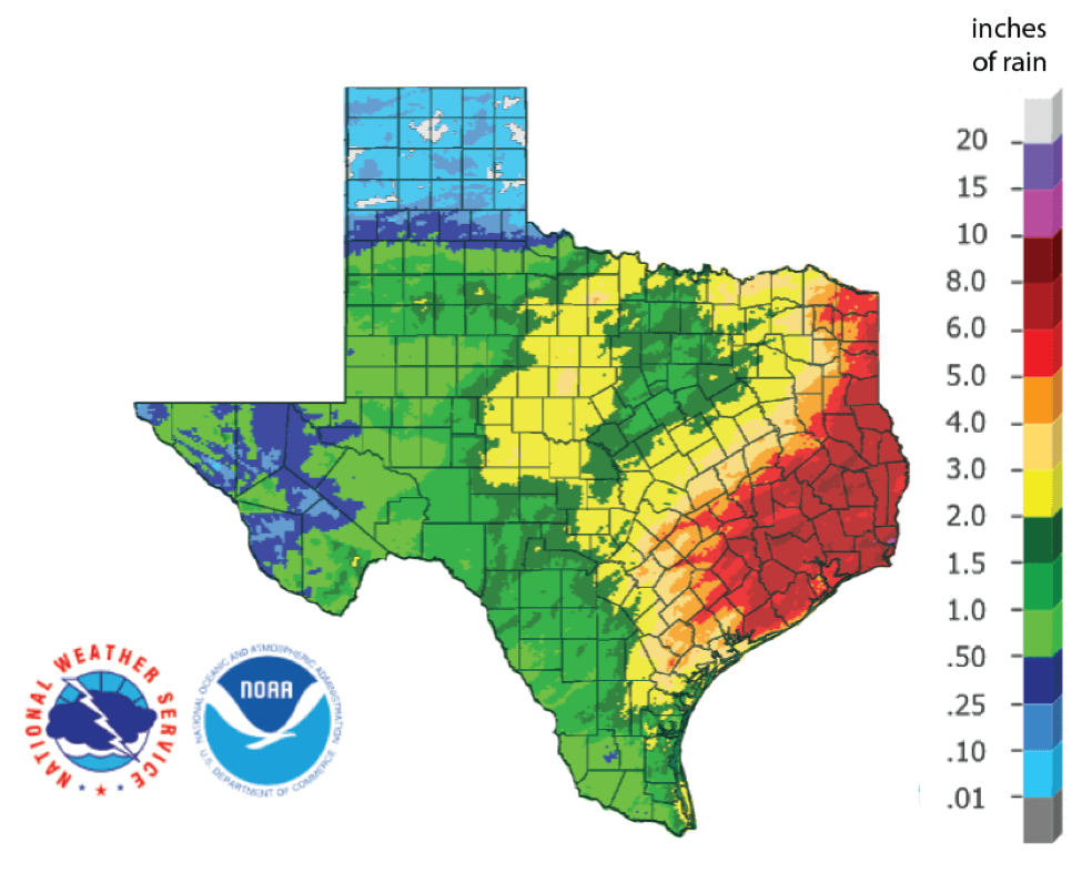 Figure 1b: Inches of rain that fell in Texas in the 30 days before December 14, 2018 (source).