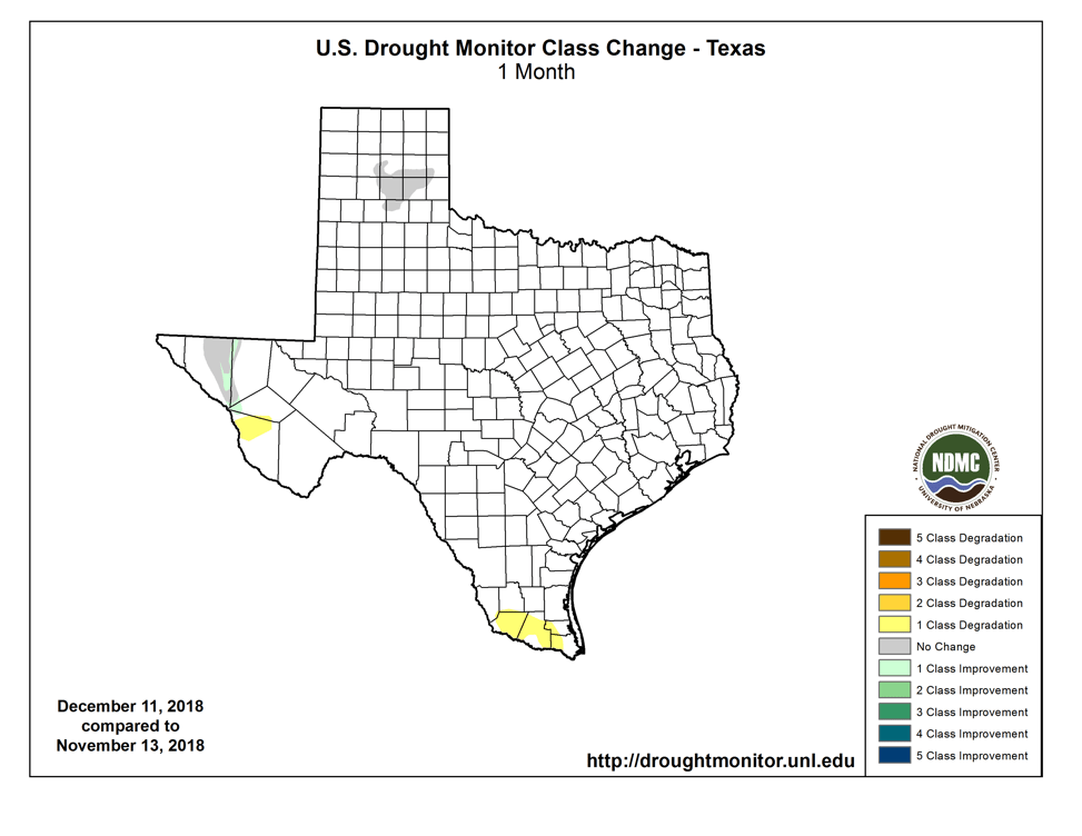Figure 2b: Changes in the U.S. Drought Monitor for Texas between October 9, 2018, and November 6, 2018 (source).