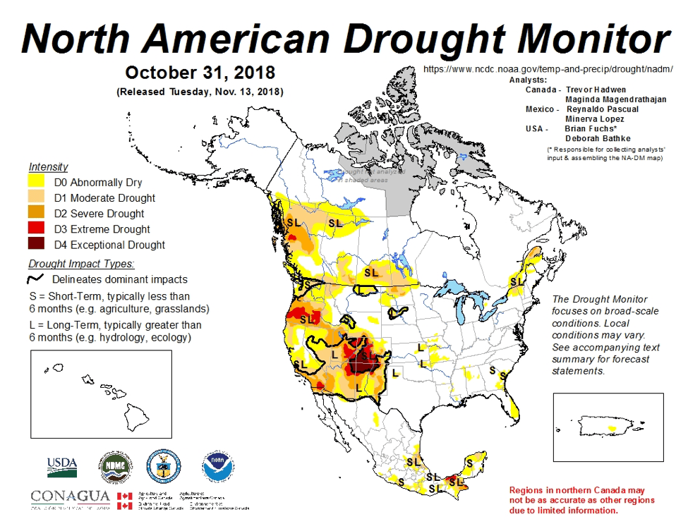 Figure 4a: The North American Drought Monitor for October 31, 2018 (source).