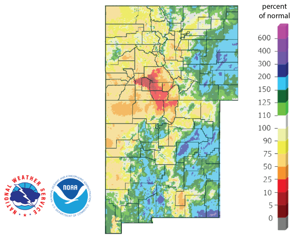 Figure 4b: Percent of normal rainfall for the past 90 days for Colorado and New Mexico as of December 12, 2018 (source). I use this map to see check precipitation trends in the headwaters of the Rio Grande in southern Colorado, the main source of water to Elephant Butte Reservoir downstream.