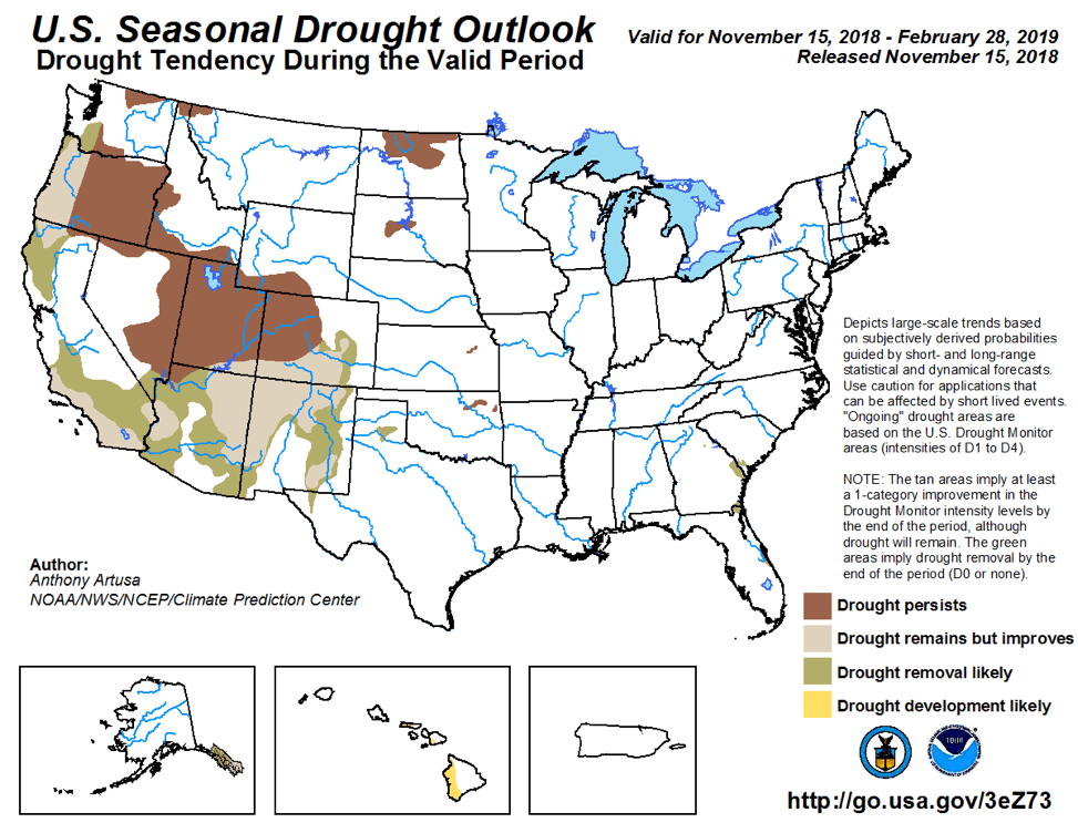 Figure 7: The U.S. Seasonal Drought Outlook for November 15, 2018, through February 28, 2019 (source).