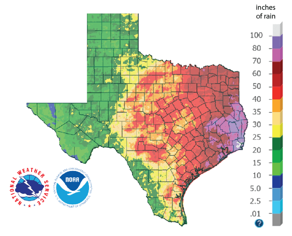 Figure 1a: Inches of rain that fell in Texas in 2018 (source).