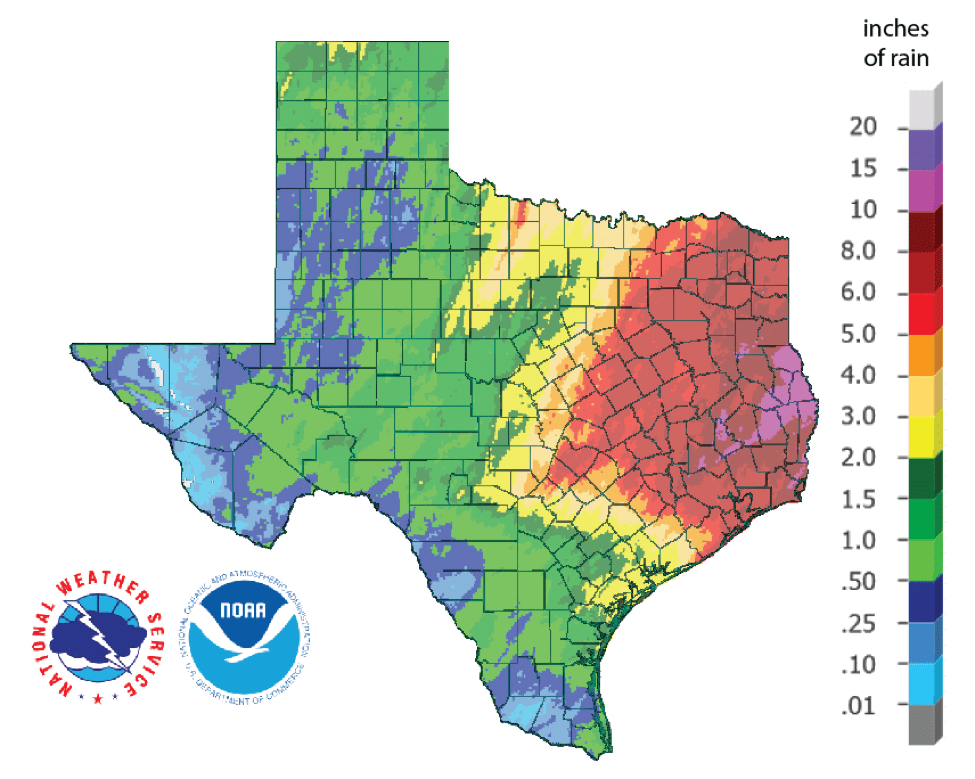 Figure 1c: Inches of rain that fell in Texas in the 30 days before January 25, 2019 (source).