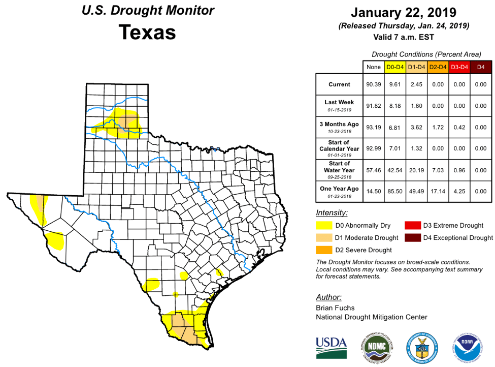 Figure 2a: Drought conditions in Texas according to the U.S. Drought Monitor (as of January 22, 2019; source). 