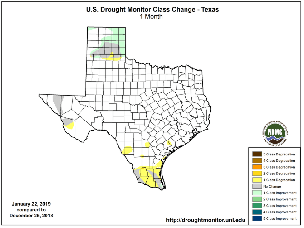 Figure 2b: Changes in the U.S. Drought Monitor for Texas between December 25, 2018, and January 22, 2019 (source).