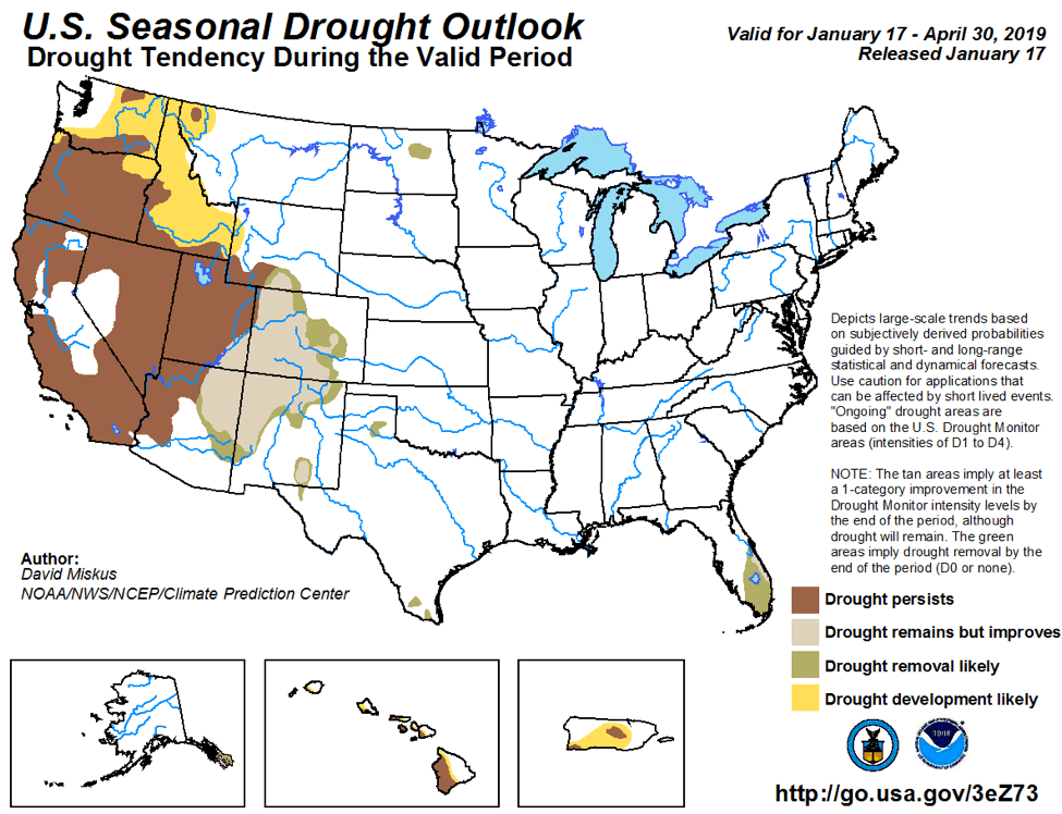 Figure 7: The U.S. Seasonal Drought Outlook for January 17, 2019, through April 30, 2019 (source).