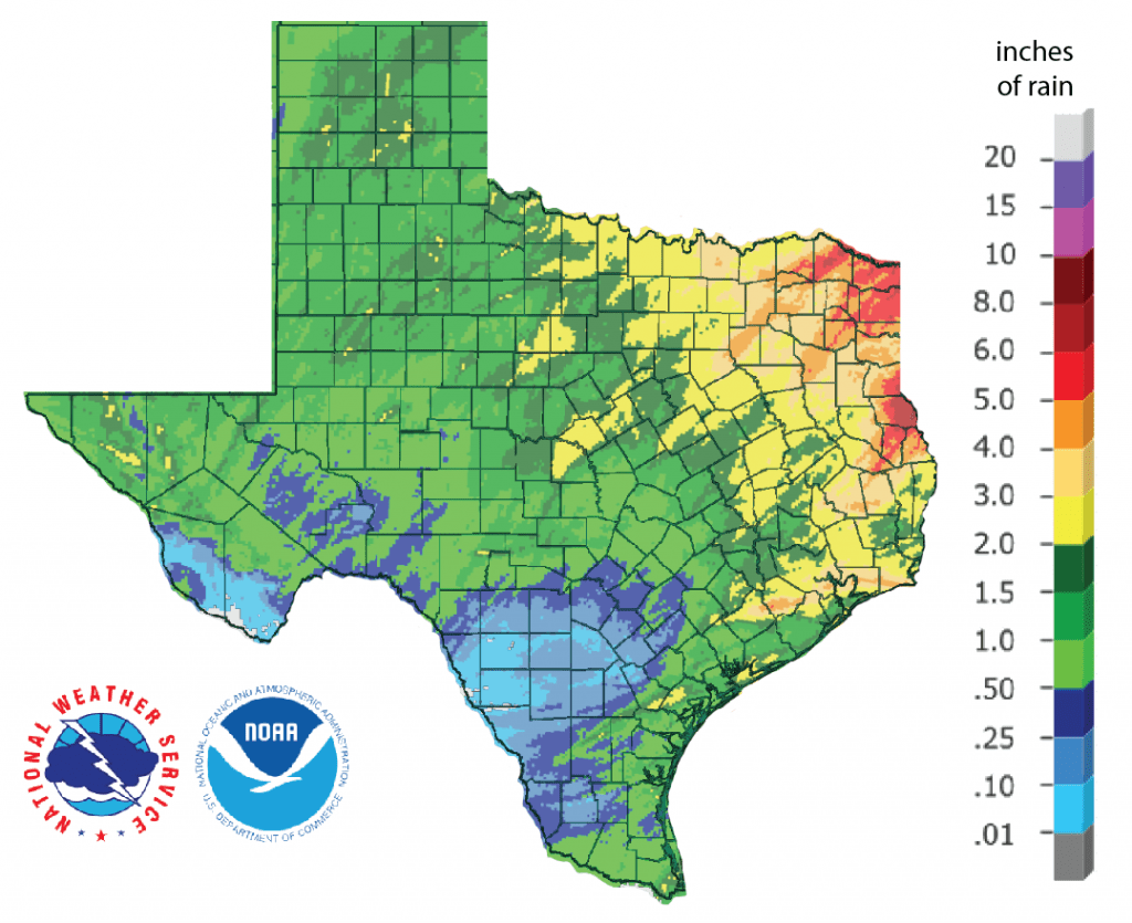 Figure 1: Inches of precipitation that fell in Texas in the 30 days before April 16, 2019 (source).