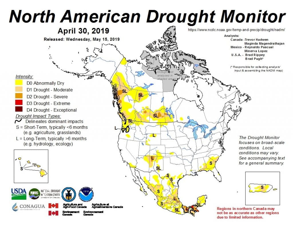 Figure 4a: The North American Drought Monitor for April 30, 2019 (source).