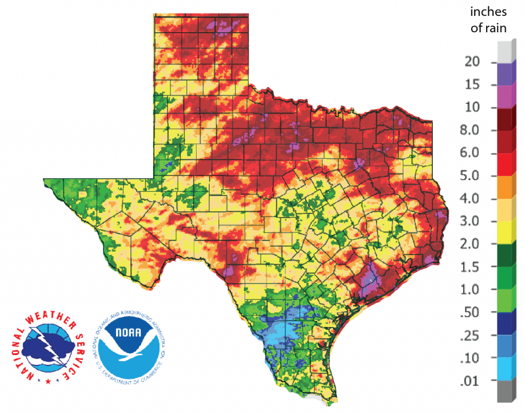 Figure 1: Inches of precipitation that fell in Texas in the 30 days before June 16, 2019 (source).