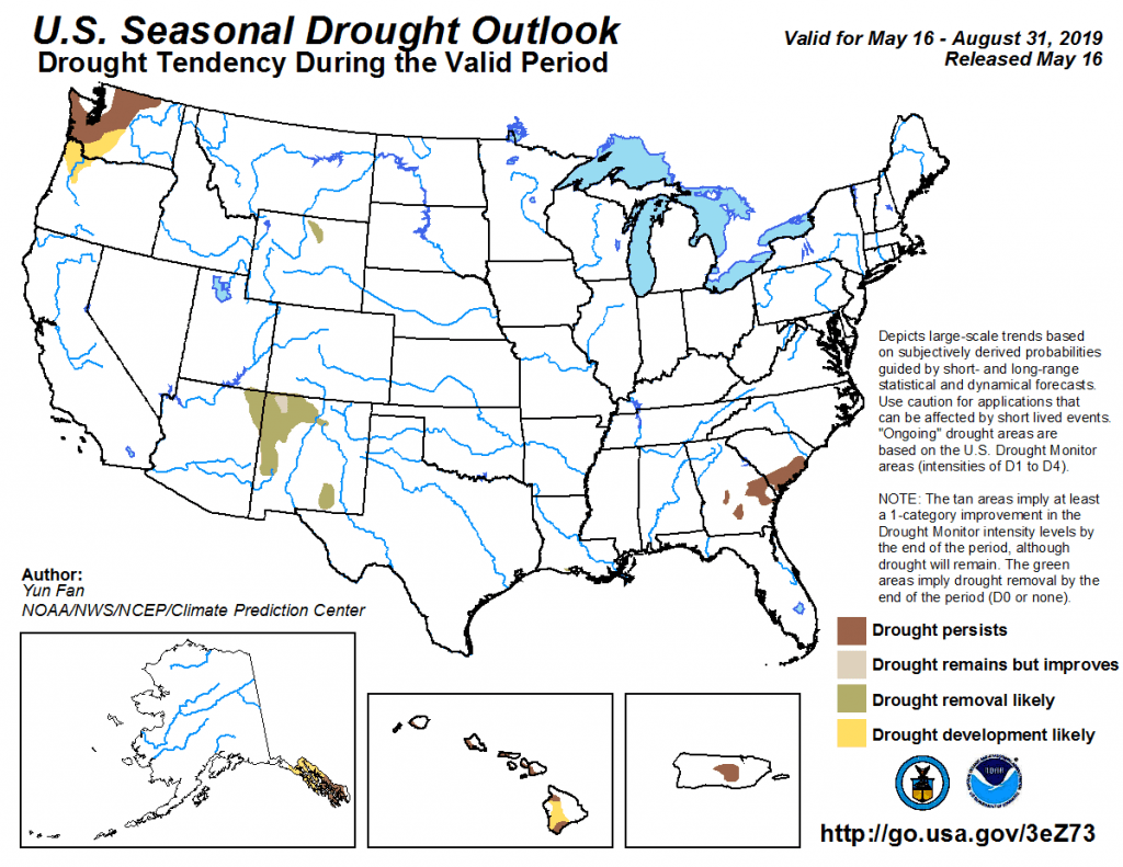 Figure 7: The U.S. Seasonal Drought Outlook for May 16, 2019, through August 31, 2019 (source).