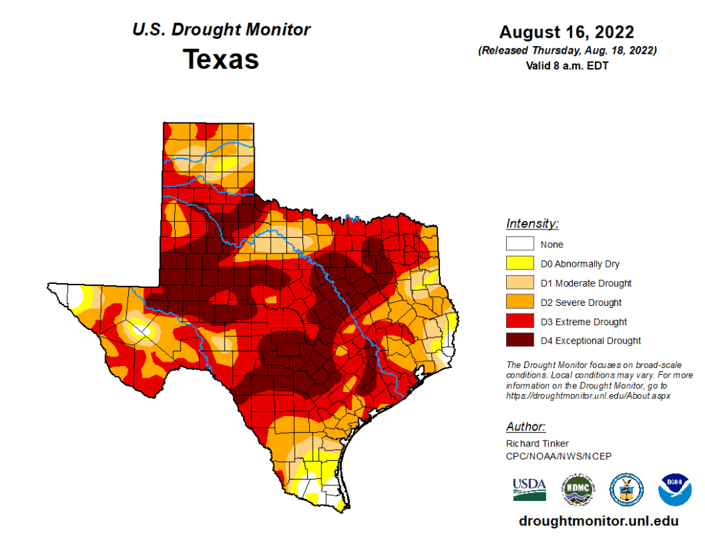 outlook+water: 97.2% of the state is abnormally dry or worse, July was the warmest July on record, and La Niña has an 80% chance of hanging out through December